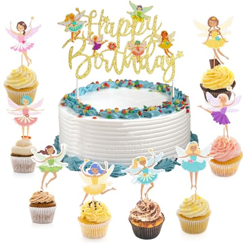Koboko Happy Birthday Feen Tortendeko Geburtstag, 25 Stück Feen Geburtstag Deko, Cupcake Deko Fee, Tortendeko Geburtstag Mädchen für Kinder Mädchen Geburtstags Party, Muffin Deko