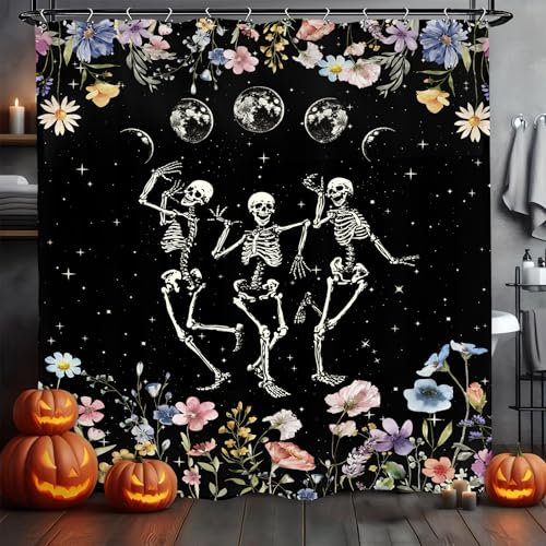Kalmico Totenkopf-Skelett-Duschvorhang, 152,4 x 183,9 cm, Gothic, Halloween, Mondphase, gruselig, Horror, schwarz, gruselige Blume, Blumenmuster, Urlaub, Badezimmer-Set, Zubehör, Dekor mit 12 Haken