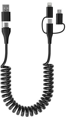 Cable Espiral USB C Lightning Micro USB 5 en 1 Compatible Apple Carplay y Android Auto [MFi y PD 60 W y sincronización de datos] Cable USB C en espiral para iPhone 16 15 14 13 Android Samsung Laptop