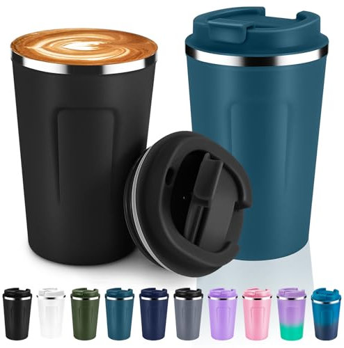 Volhoply 340ml 12oz Double Wall Insulated Vacuum Travel Coffee Mug with Flip Lid Bulk 2 Pack,Reusable Stainless Steel Leak Proof Coffee Cup,Thermal Tumbler for Cold&Hot Drinks(Assort Color,2 Set)