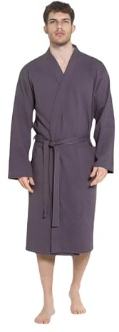 INSIGNIA Men's 100% Cotton Robe Dressing Gown, Soft Waffle Robe Wrap Loungewear (UK, Alpha, L, XL, Regular, Regular, Grey)
