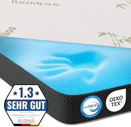 MKS.® Gel Topper 80x200 cm, H3 Matratzentopper mit 7 cm Gel-Memory-Schaum, KomfortKissen Matratzenauflage mit 3D-Luftstrom, Viskoelastische Matratzenauflagen mit abnehmbarem Bambusbezug
