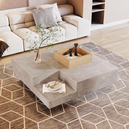 MURUL Couchtisch Wohnzimmertisch Beistelltisch mit herausnehmbarer Aufbewahrungsbox, Holzfarbe und Betongrau, 72×72×30 cm (grau + Holzfarbe)