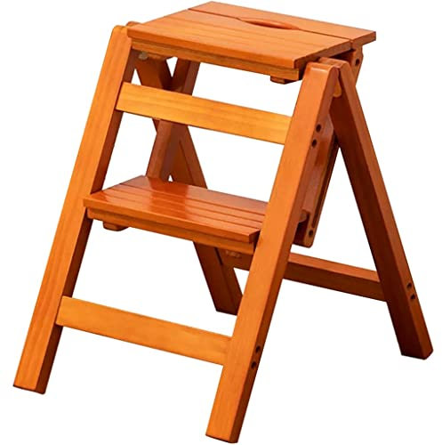 Chaise-escabeau Robuste En Pin Massif, Tabouret Échelle Pliable Portable, Support De Rangement Multifonctionnel/support À Fleurs, Convient Pour La Bibliothèque, La Maison, Le Bureau(Orange,50*50*38cm)