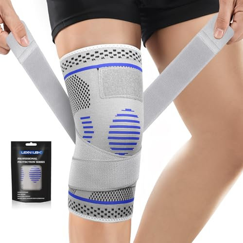 Lexniush Kniebandage für Damen Männer, Kompression Kniestütze mit Riemen für Knieschmerzen, Meniskusriss, Arthritis, ACL, Einstellbares Bandage Knie für Volleyball, Laufen, Sport, Yoga(Grey, L)
