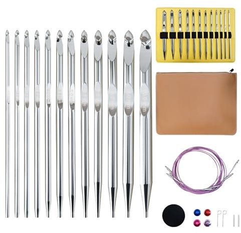 Tunisian Crochet Hooks Set Interchangeable with Case - 26pcs Metal Afghan Knitting Needles Kit 3mm-10mm with Long Cable & Ergonomic Grips