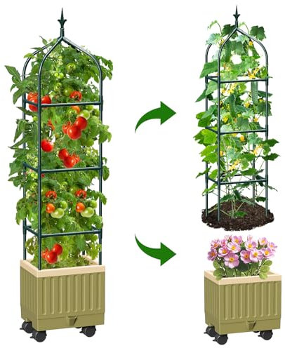 MQJIAZHI Raised Tomato Planter Box with Metal Trellis, 180 CM Self-Watering Trellis Planter with Wheels for Climbing Plants, Raised Bed Planters with Trellis for Garden Indoor Outdoor Patio Balcony