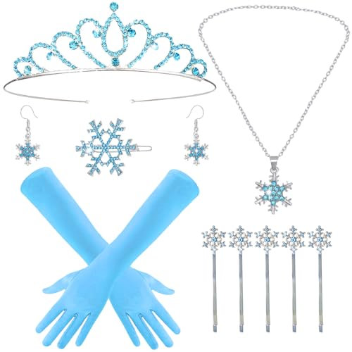 Saier tbo 10 Stück Frozen Prinzessin Kostüm, Prinzessin Schneeflocke Zubehör Set mit Krone Haarspangen Ohrringe Kette Handschuhe für Frauen Mädchen Geburtstage Fasching Karneval Cosplay