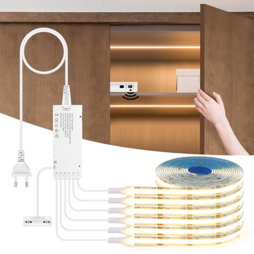AIMENGTE COB LED Strip 2m, 6 Rollen 12V Warmweiß COB LED Streifen mit Schranktürsteuerung Bewegungsmelder, Akustikpaneele Schneidbar für Weinschränke, Regale, Schränke, Küche Beleuchtung