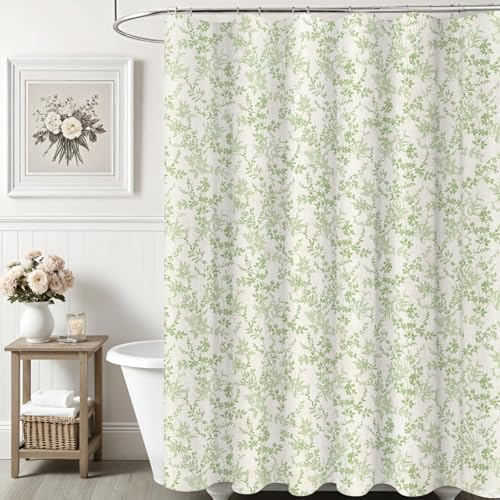 Ksriylm Duschvorhang aus Dichte Blüten aus Polyester-Leinen,Wunderschöne Blumen Stil Dekorieren Vorhang Duschvorhänge,180x180cm Schickes Stoff Tuch Blumenblätter Duschvorhang mit 12 Ringe,Grün