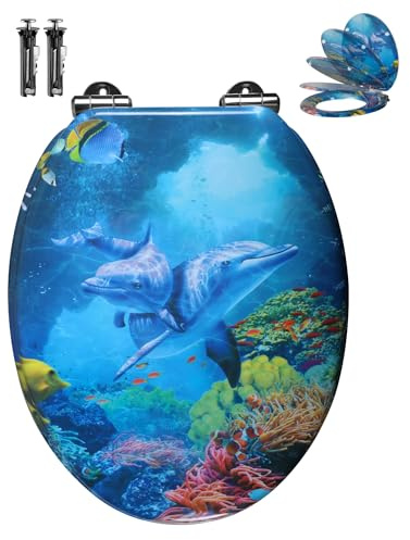 Angel Shield WC-Sitz mit Absenkautomatik, verstellbare Metallscharniere, einfach zu installieren und zu reinigen, O-förmig, 45 x 37 cm, Holz-Toilettensitze, rutscht nicht für Badezimmer