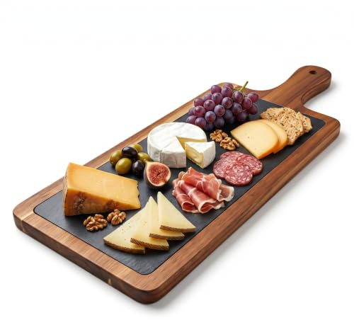 hausleben Servierbrett mit Griff 45x15 cm – Akazienholz Servierplatte | Servierbrett mit Schiefereinsatz – Rechteckiges Käsebrett, Antipasti-Platte, Frühstücksbrett & Tapas Brett