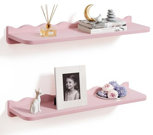 SUMGAR Wandregal Rosa Holz, 2er Set Regal Wand mit 60cm breit, Wandboard Wellenform Design Shelf Wanddeko & Modern Schweberegal Weiss für Wohnzimmer, Schlafzimmer, Badeziimer, Küche & Flur