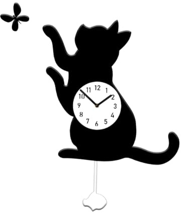 LOVIVER Wanduhr mit Katzen- und Schmetterlingsmotiv, dekorative Uhr, leise, minimalistisches Geschenk mit Schwingpendel, lustige Wanddekoration für