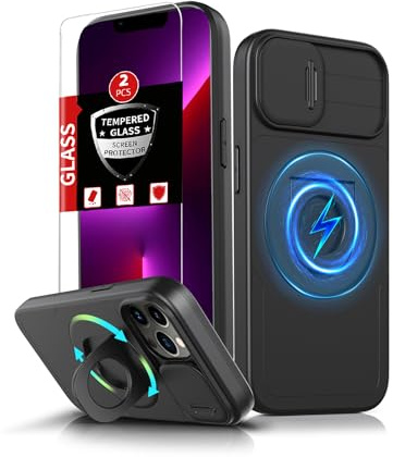 FRLMOOES for iPhone 13 Pro Max Case Magnetic ,with Kickstand + Camera Cover | Compatible with MagSafe Wireless Charging,with 2 Screen Protectors,Anti-Scratch Shockproof Heavy Duty Protection Phone,Black