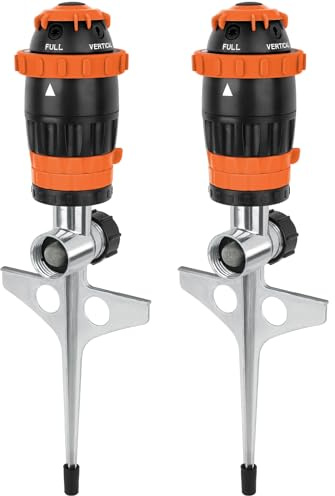 RESTMO 2 Stück Getriebe-Sprinkler mit Metallspike-Basis – Rasensprenger für große Flächen, 5 Muster, Bewässerungssystem für Rasen & Beete, Gartensprinkler, Reichweite 15 m, 180 m² Abdeckung, Orange