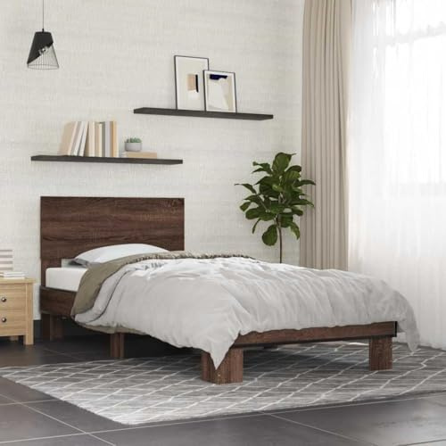LoogCape Bettgestell Braun Eichen-Optik 90x190 cm, Holzwerkstoff Metall, robuste Sperrholzlatten, Schlafzimmer Möbel, langlebiges Bett für erholsamen Schlaf