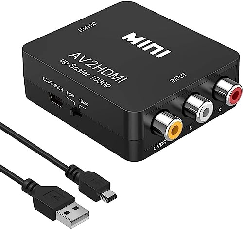 XPMY Mini AV to HDMI Converter, 1080P Video Upscaler CVBS Composite RCA to HDMI Adapter for TV, PC Monitor, PS2 PS3, Xbox, DVD Player, VHS VCR, Camera & Set-Top Box