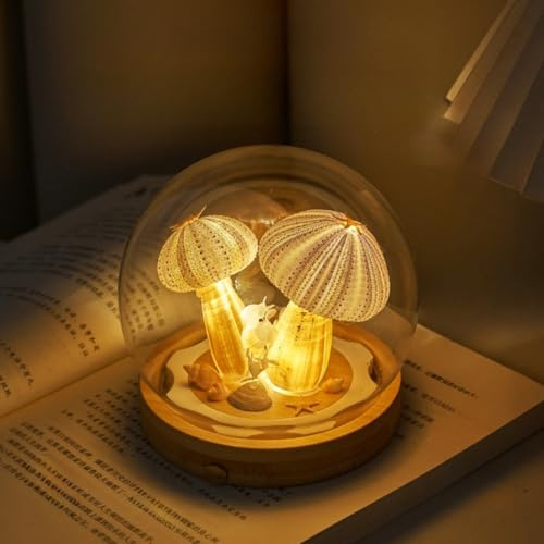 MARZIUS Seeigel Nachtlicht aus echtem Naturschale, Dimmbare kabellose Tischlampe mit Echtholzsockel, Touch-Steuerung & USB Aufladbar, Unikates Maritimes Deko-Geschenk für Schlafzimmer, Wohnzimmer