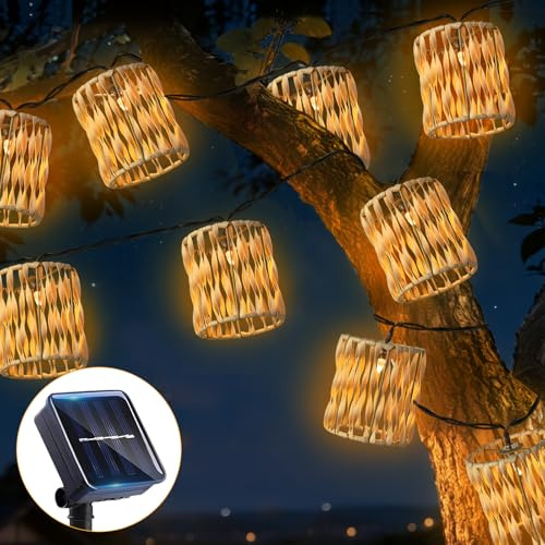 Lichterkette Außen Solar, 10er LED Lampions Außen Wetterfest 3.6m, Rattan Solarlichterkette, Solar Lampions, Led Lichterkette für Outdoor Garten Balkon (Zylindrisch)
