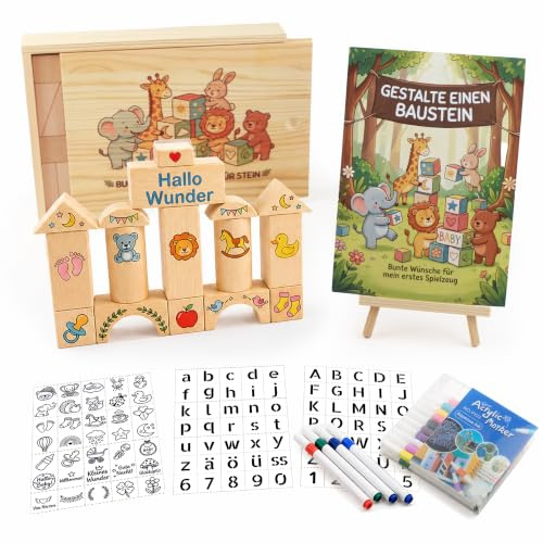 Gzxhsy Babyparty Spiele DIY Buchen-Bausteine | 48 Holzwürfel,1 Holzbox, 12 ungiftige Acrylmarker, 105 Schablonen, 1 Poster & Halter
