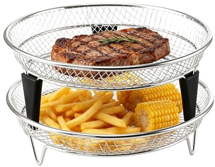 Cesta Para Freidora De Aire – Bandeja Apilable De Acero Inoxidable Con Patas De Silicona, Juego De Rejilla Deshidratadora Para Freidora De Aire, Bandeja Para Hornear De Malla Para Cocinar Y | Rej