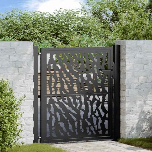 Kaloriko Puerta de jardín de acero negro, 100 x 100 cm, con cerradura y postes, para entrada y jardín, puerta galvanizada con diseño de rejilla, acceso estable y protección visual para terrenos y