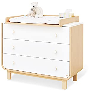 Pinolino Wickelkommode Round breit, inkl. abnehmbarem Wickelaufsatz, für Babys und Kleinkinder, aus Dekor: Ahorn und Uni, weiß