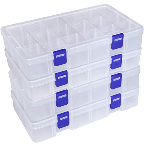 Qualsen Plastik Aufbewahrungsbox Einstellbar Fächer Sortimentskasten Schmuckschatulle Werkzeugcontainer (18 Raster X 4 Packungen, Transparent)