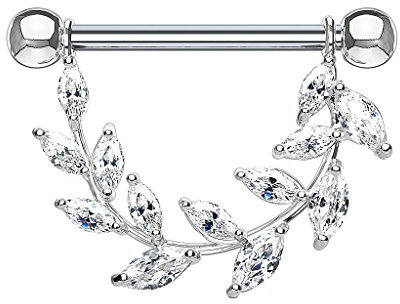 Piercingfaktor Piercing Brustwarzenpiercing Intimpiercing Hantel Barbell Brust Intim Nippel mit Kristall Anhänger filigran Farn Blatt Silber