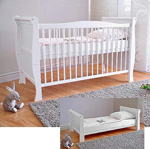 Marsell Baby Gitterbett Babybett Kinderbett mit Aloe Vera Schaumstoffmatratze Zahnschienen höhenverstellbar Weiß umbaubar zum Juniorbett