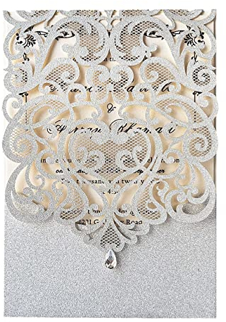 Hosmsua Einladungskarten für Hochzeiten, mit Strasssteinen, lasergeschnitten, hohl, Flora, Quinceanera, mit Umschlägen, für Brautparty, Verlobung, Hochzeitseinladung, 12,7 x 18,5 cm, 50 Stück