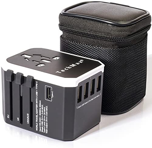 TechMax Universal Travel Adapter Plug Worldwide Power All in One Adapter with 4 USB 5.6A + Type C 3A Port Universal work for US EU AU UK up to 180+ Countries