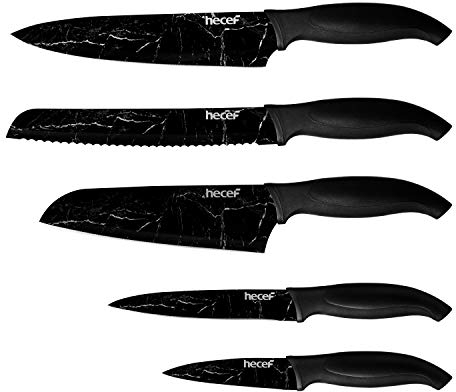 hecef Küchenmesser mit Marmormuster, Klinge aus Hochwertigem Edelstahl mit Ergonomischem Handgriff(PP+TPR Material) Santoku, Koch-, Brot-, Gebrauchs- und Gemüsemesser sind Eingeschlossen