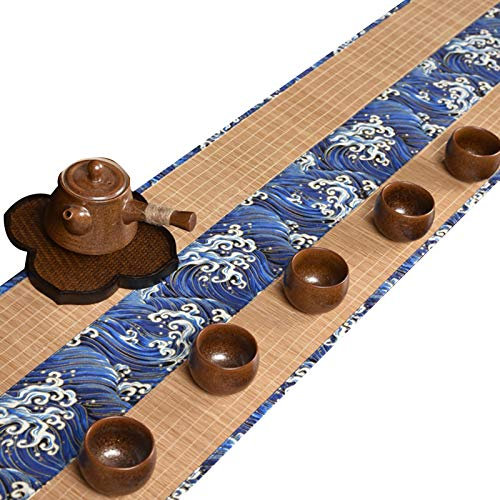 Japanischer Tischläufer Aus Bambus Mit Muster, Lange Tisch-Party-Hotel-Tischsets, Waschbare, rutschfeste, Haltbare Tischset, Blau/Gold ， Viele Modelle(Color:Welle,Size:30×180cm)