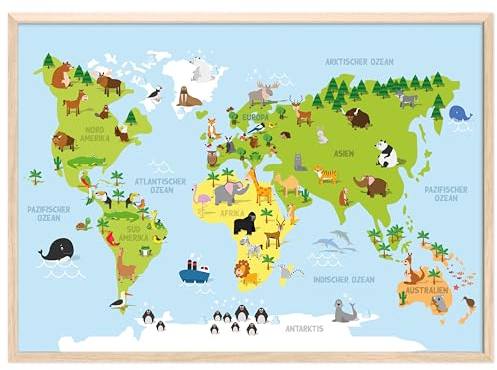 kizibi® Weltkarte mit Rahmen Natur, Kinderzimmer Poster, Wanddeko Poster für Mädchen und Jungen, DIN A2 Wanddeko Kontinente zum Lernen, Lernposter Weltkarte auf deutsch, Vorschule, Grundschule