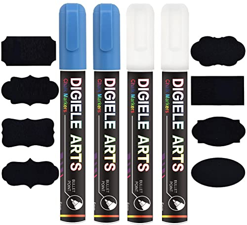 Liquid Chalk Marker Pens White + Blue, DIGIELE 2pcs White Chalk Pens + 2pcs Blue Markers, 6mm Dry or Wet Wipe Erase, Thin & Medium Reversible Bullet or Chisel Tip, 4 Pens & 16 Chalkboard Labels Packed