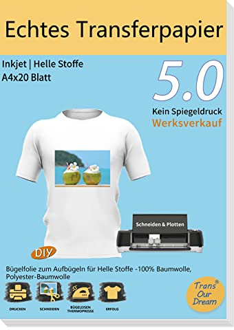 TransOurDream 20 Blatt X A4+1 Silikonpapier, Echte Inkjet Transferfolie(Folie ist durchscheinend),Bügelfolie für helle Textilien,Kein Spiegeldruck,T-Shirt Papier für helle Stoffe(2-5.0-20)