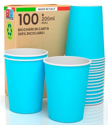 100 Bicchieri in Carta 200ml Ecologici Biodegradabili Monouso Made in Italy Asporto Bevande Calde Acqua Colorati Celeste - Prodotto e confezionato in Italia