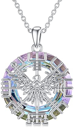 enjoylifecreative Damen Wikinger Raben Halskette mit Kristall 925er Sterling Silber Vegvisir Rune Anhänger Kette Wikinger Krähe Schmuck Geschenk für Frauen Mädchen