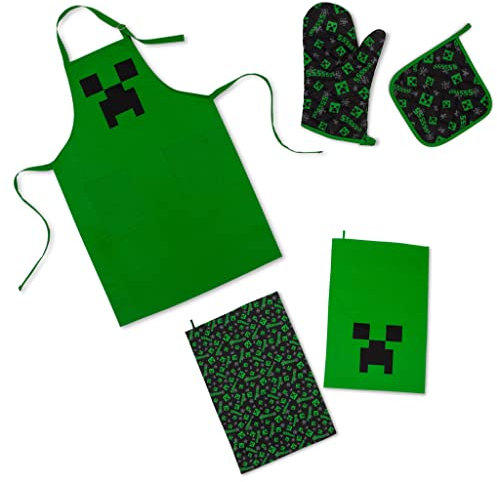Ukonic Minecraft Green Creeper Kitchen Set For Baking, BBQ Grilling | Includes Cooking Apron, Oven Mitt, Dish Towels, Pot Holder