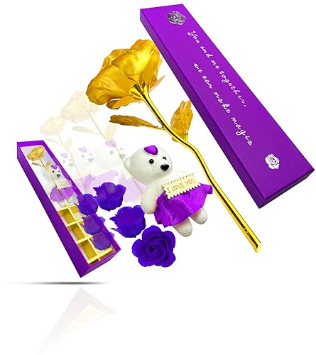 GLLOREE Rose en or 24 carats plaqué or 24 carats, cadeau pour petite amie, cadeau de Saint Valentin, coffret cadeau romantique, rose violette