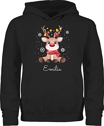 Geschenk mit Namen personalisiert by Shirtracer - Kinder Hoodie Jungen Mädchen - Geschenke - Süßes Rentier mit Name Wunschtext I Geschenk Rentier Weihnachten I Rudolph Reindeer Rudolf