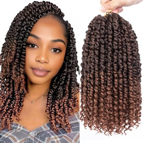 Xtrend 10 Inch 8 Packs Short Bob Pre-twisted Passion Twist Crochet Hair With Curly Ends Ombre Brown Looped Passion Twist Hair for Women(T30#)…