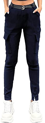 Nuofengkudu Stretch Pantalon Cargo Femme Taille Elastique avec Poche Laterale Uni Slim Gothique Travail Leggings Classique Chic Taille Haute Fille School Streetwear Vintage Aesthetic Clothes Bleu S