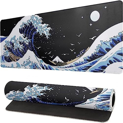 Tapis De Souris De Jeu Japonais Sea Wave Tapis De Souris Noir Anime Big Kanagawa Grand Tapis De Souris Étendu Base en Caoutchouc Antidérapant Grand Tapis De Clavier Étanche pour Les Jeux Le Bureau