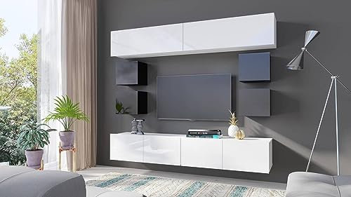 Wohnwand Apulia XVI 8 teilig Hochglanz modernes Wohnzimmerset TV Lowboard Hängeschränke Schrankwand TV-Schrank Hängeboard Mediawand Wandmontage Wohnzimmerschrank Minimalistich Design (Weiß/Schwarz)