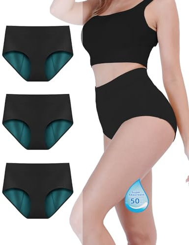 TIICHOO Periodenunterschwäsche Starke Blutung Hohe Taille Unterhosen Damen Bequem Menstruationsunterwäsche 3er Pack (XL, 3 Schwarz)