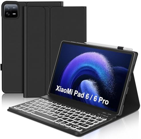IVEOPPE Keyboard Case for Xiaomi Pad 6/6 Pro 11 Inch 2023 Tablet, Slim PU Stand Cover with Magnetically Detachable Wireless Bluetooth Backlight Keyboard, Black