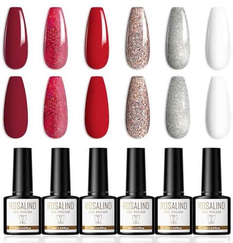 ROSALIND Smalto Semipermanente 6 Colori UV/LED Smalti Semipermanenti per Unghie Rosso Oro Argento Glitter Soak Off Gel Nail Polish, 8ml